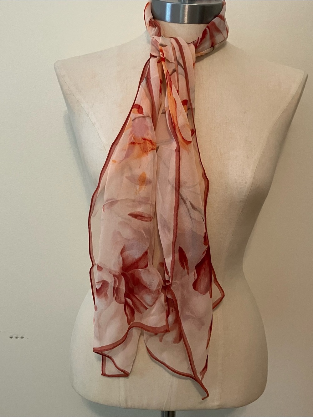 VTG Anne Klein Pink Floral Silk Scarf Rectangle 10 X 51in Feminine Preppy